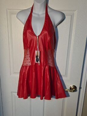 Red Halter Chemise Zip-Front Role Play Women's Dress Sz M